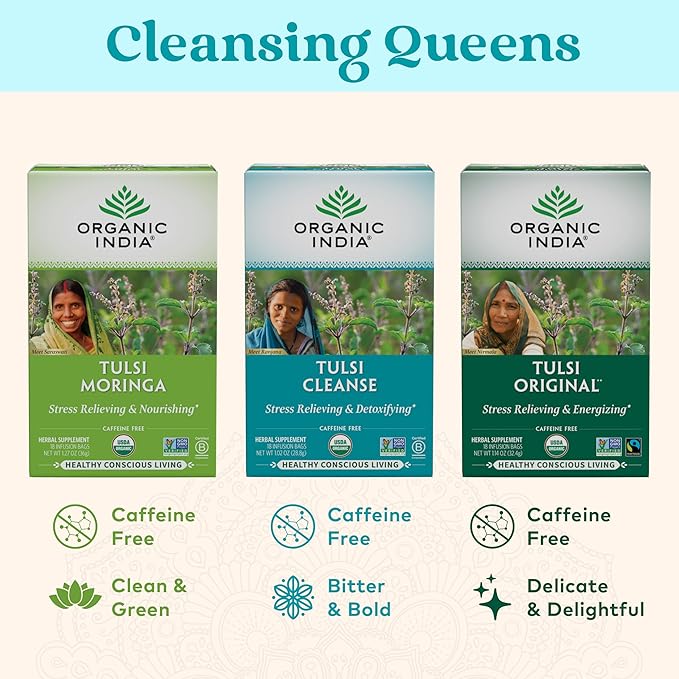 ORGANIC INDIA Tulsi Cleanse Tea - Holy Basil Ginger Turmeric Herbal Tea Stress Relieving &amp Cleansing Immune Support Adaptogen Organic Non-GMO Caffeine-Free - 18 Infusion Bags 3 Pack