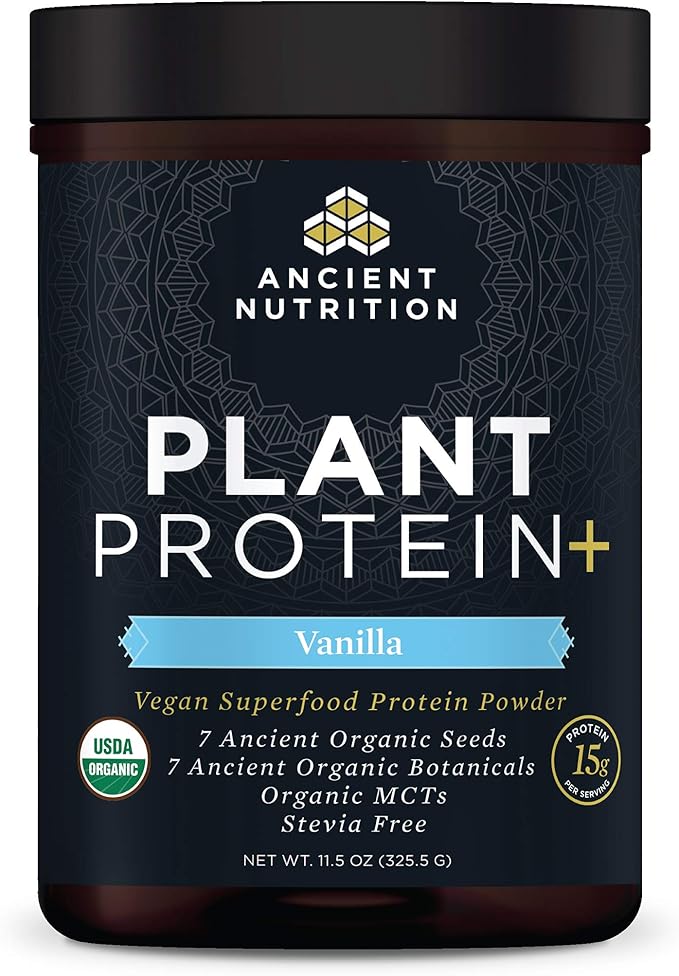 Ancient Nutrition Organic Plant Protein + Vegan Plant Based Protein Powder Vanilla Formulated by Dr. Josh Axe Dairy-Free Gluten-Free Non-GMO No Sugar Added Paleo Friendly Supplement 11.5 oz