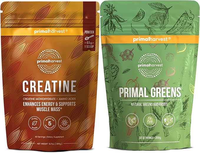 Primal Creatine Powder + Super Greens Powder Bundle | 2-Pack | Build Strength Boost Recovery &amp Support Wellness | 30 Servings Each