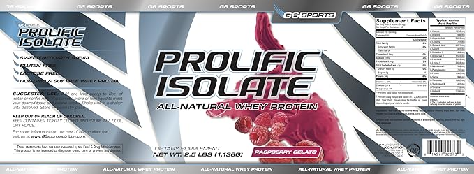 G6 Sports Nutrition Prolific Isolate All Natural Whey Protein Isolate (Gluten Free Lactose Free Soy Free Stevia Sweetened 25g Protein 100 Calories) – 2.5lb Jar – Raspberry Gelato