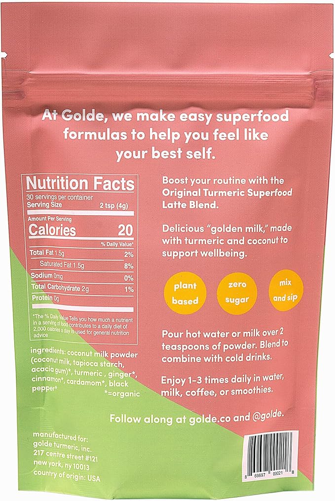 GOLDE - Superfood Latte Blend - Original Turmeric - Plant-Based w/Coconut &amp Ginger - Vegan Keto Sugar-Free - 30 Servings
