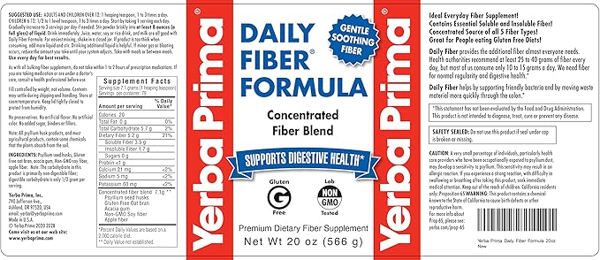 Yerba Prima Daily Fiber Formula - 20 oz Powder - Unflavored Concentrated Blend of Soluble/Insoluble Psyllium Seed Husks Acacia Gum Apple Fiber for Bulk - Dietary Bulking Supplement - Regularity