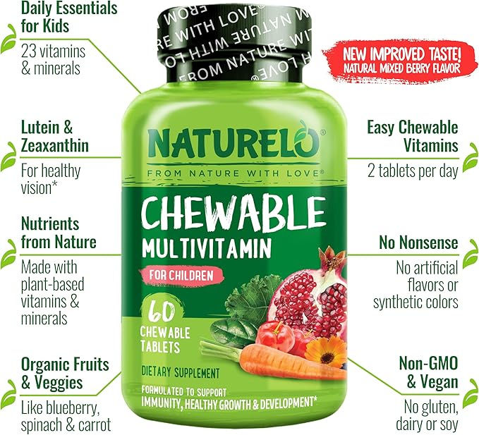 NATURELO Teen Multivitamin - 60 Capsules and Chewable Vitamin for Kids - 60 Tablets Bundle