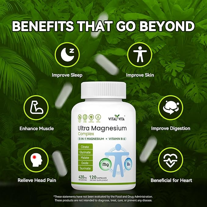 (420mg) Ultra Magnesium Complex 5-in-1 Magnesium Plus Vitamin B-6 Supplement for Nerve Heart Muscle Health &amp Relaxation* Maximum Bioavailability &amp Absorption Gluten Free 120 Capsules