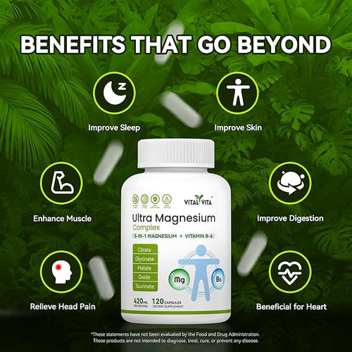 (420mg) Ultra Magnesium Complex 5-in-1 Magnesium Plus Vitamin B-6 Supplement for Nerve Heart Muscle Health &amp Relaxation* Maximum Bioavailability &amp Absorption Gluten Free 120 Capsules