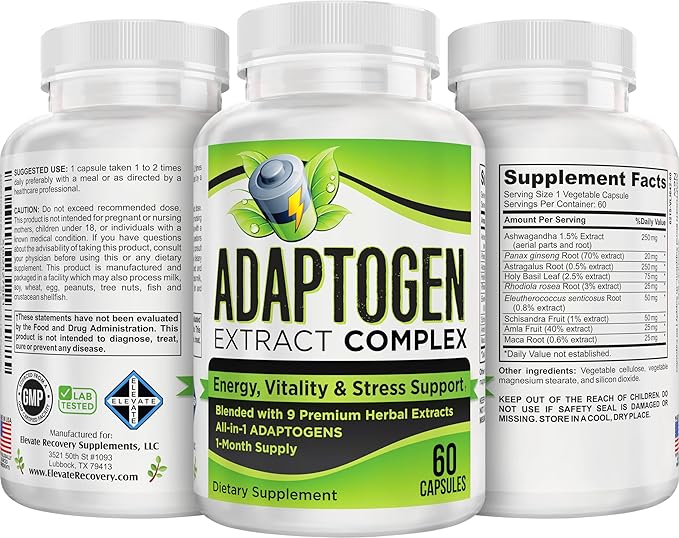 Adaptogen Supplement (9-in-1) Adaptogenic Complex with Ashwagandha Panax Ginseng Rhodiola + More | Herbal Extract Blend | Adaptogen Supplements | 1-Month Supply | 60 Capsules