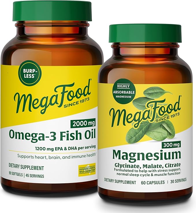 MegaFood Magnesium 300 mg (60 Capsules) &amp Omega-3 Fish Oil (90 Softgels) Bundle - Magnesium Glycinate Citrate &amp Malate for Heart &amp Nerve Health - Fish Oil for Heart Brain Joint &amp Im