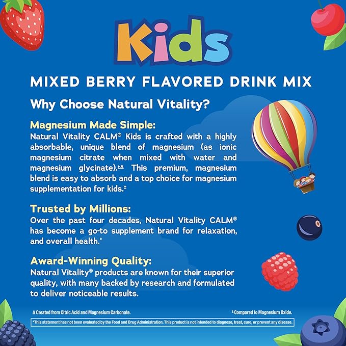 Natural Vitality Kids Calm Magnesium 16oz Powder | Mixed Berry Flavored Drink Mix Supplement | Supports a Balanced Mood and Healthy Development