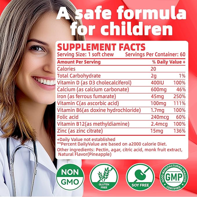 Chewable Iron Supplement for Women &amp Men and Kids - Strawberry Flavor Iron Vitamin C Soft Chew for Max Absorption Iron as Ferrous Fumarate Ideal for Iron Deficiency 2 Month Supply
