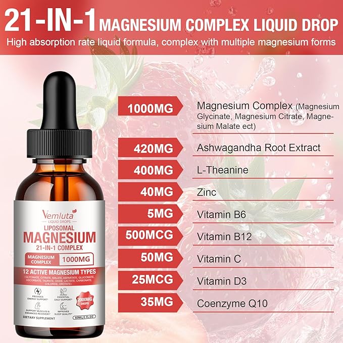 2 Packs 21-in-1 Liposomal 12 Active Magnesium Complex 2000MG+ Liquid Drops - with Magnesium GlycinateCitrate etc Ashwagandha &amp L-TheanineCoQ10 for Mood MuscleHeart &amp Relaxation Nerve* Sup