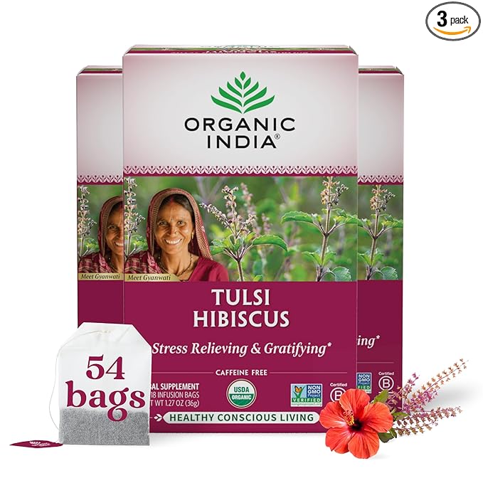 ORGANIC INDIA Tulsi Hibiscus Tea Bags - Holy Basil Herbal Tea Stress Relieving Calming Immune Support USDA Organic Caffeine Free -18 Bags 3 Pack