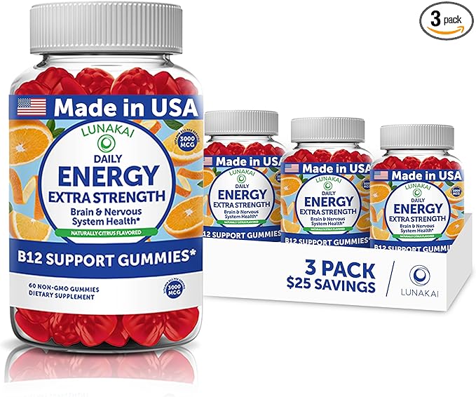 Lunakai USA Made Vegan Energy Gummies – Daily Energy Supplements – 3000mcg Vitamin B12 Gummies for Women &amp Men – for Home or On‑The‑Go Use - 3 Pack