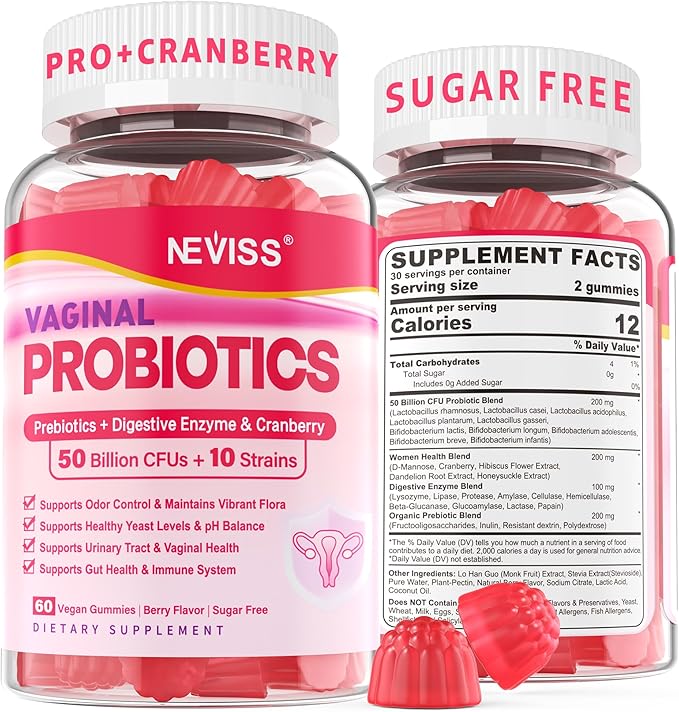 Vaginal Probiotics Gummies for Women PH Balance Odor Control with Prebiotics Cranberry D-Mannose Promotes Feminine Healthy Vaginal Flora Urinary Tract Yeast Digestive Support Sugar Free60Cts