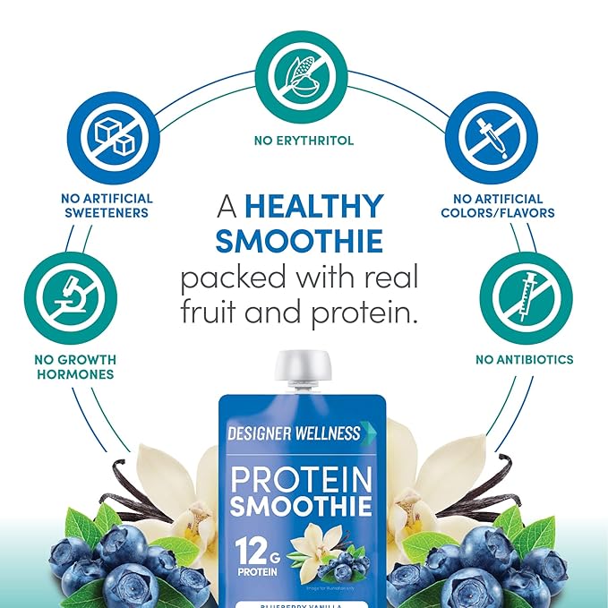 Designer Wellness Protein Smoothie Real Fruit 12g Protein Low Carb Zero Added Sugar Gluten-Free Non-GMO No Artificial Colors or Flavors Blueberry Vanilla 12 Count