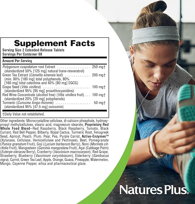 NaturesPlus Herbal Actives Resveratrol Extended Release - 120 Tablets - Vegetarian Gluten Free - 60 Servings