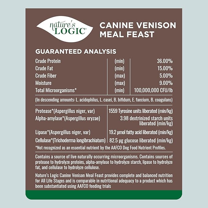 Nature's Logic Dry Dog Food - 100% Natural - No Synthetics - for All Ages Sizes Breeds - Free from Common Allergens High Protein - Venison Meal Feast 13lbs