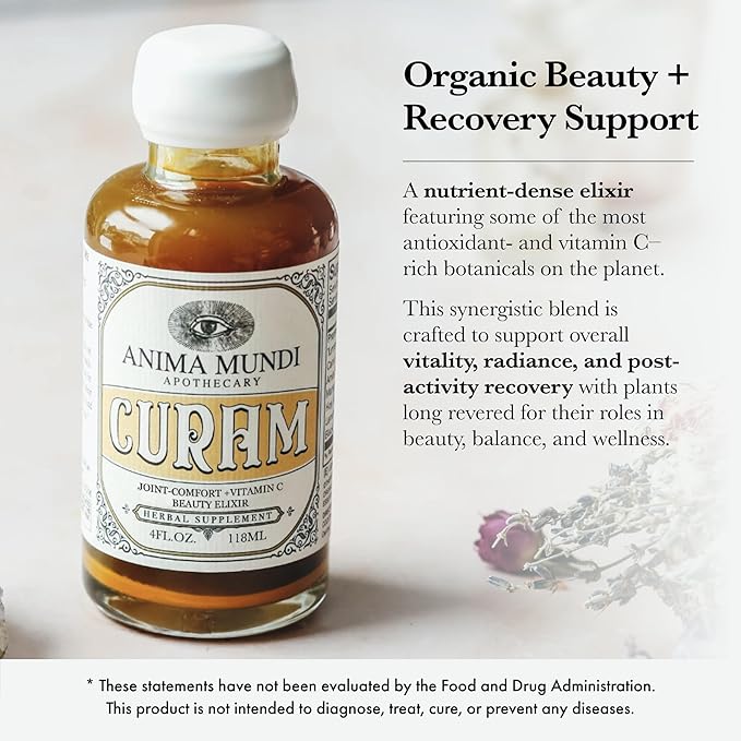 Anima Mundi Apothecary Curam Organic Beauty Elixir - Liquid Turmeric Tincture - Adaptogenic Liquid Herbal Tincture with Organic Turmeric Root Extract - Add to Tea Coffee Smoothies and More (2oz)