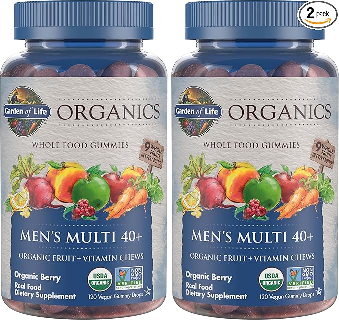 Garden of Life Organics Men 40+ Gummy Vitamins - Berry - Certified Organic Non-GMO Vegan Kosher Complete Multi - Methyl B12 C &amp D3 - Gluten Soy &amp Dairy Free 120 Real Fruit Gummies (Pack