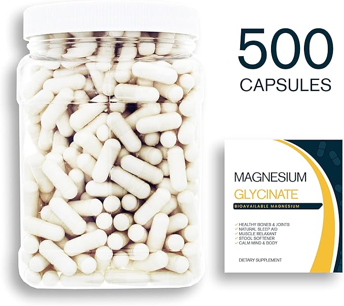 Magnesium Glycinate - 500CT 400 mg Pure Mg2+ per Serving complexed with Glycine for Maximal Absorption in a Clear Square Grip Jar