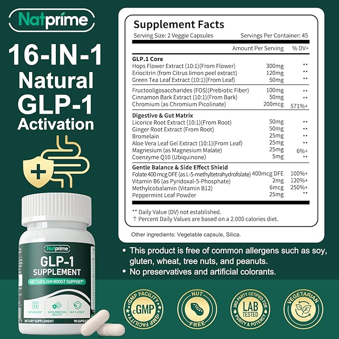 GLP-1 Supplement for Women &amp Men - Natural GLP 1 Support Glp Activate Glp1 Booster for Appetite Suppressant Immune Gut Metabolism Energy GLP-1 Levels &amp Overall Health - 90 Capsules