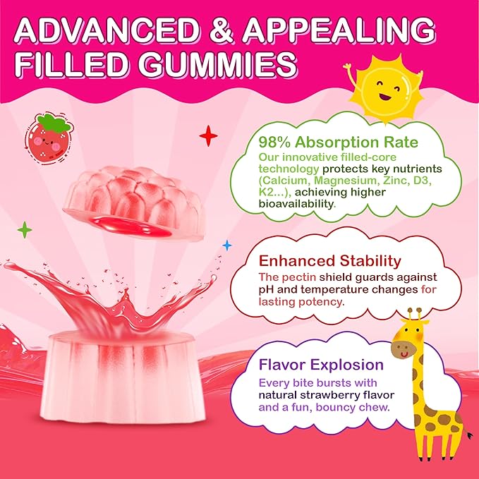 Kids Calcium Gummies with D3 &amp Magnesium for 4+: Sugar Free Calcium Citrate with Vitamin D3 K2 Zinc Probiotics &amp Prebiotics for Kids - Gluten Free Non-GMOVegan Natural Strawberry Flavor