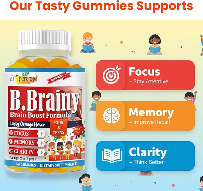 B.Brainy Focus Gummies for Kids &amp Teens Kids Focus and Attention Supplements Brain Focus Vitamins Vegan Omega 3 EPA/DHA Support Memory Clarity Concentration Low Sugar 60 Gummies