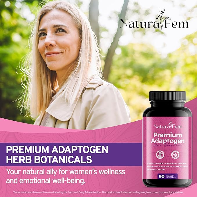 NaturalFem Premium Adaptogens Supplements for Women with Herb Botanicals like Rhodiola Rosea Extract Turmeric Maca Root for Better Adaptogenic Response Focus &amp Mood Support Supplement - 90 Caps