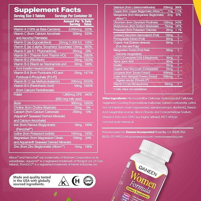 Daily Multivitamin for Women - 36 Essential Ingredients - 90 Tablets - Vitamins for Women Multivitamin for Overall Wellness