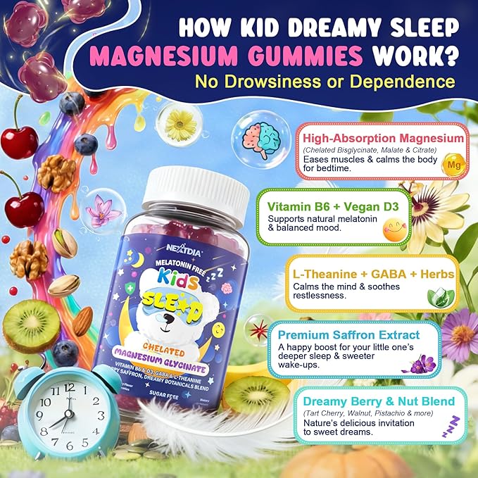 Kids Sleep Gummies NO Melatonin - Triple Magnesium Glycinate + Saffron GABA Berry &amp Nut Superfood Gummies Sugar Free Nighttime Sleep Aid &amp Calm for Kids 4+ Teens Relaxation Brain &amp Mu