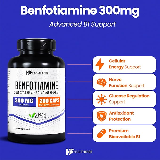 Healthfare Benfotiamine 300mg | 200 Capsules | Fat Soluble Thiamine Vitamin B1 | Supports Overall Health | Non-GMO | Gluten Free (2-Pack)