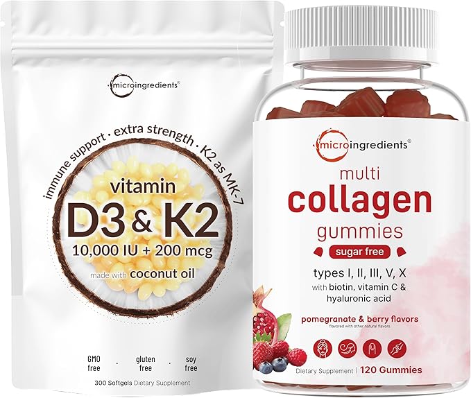 Micro Ingredients Vitamin D3 10000iu + K2 200mcg Coconut Oil Softgels &amp Multi Collagen Peptides Gummies Bundle Pack | Essential Sunshine Vitamins | Type IIIIIIVX Protein