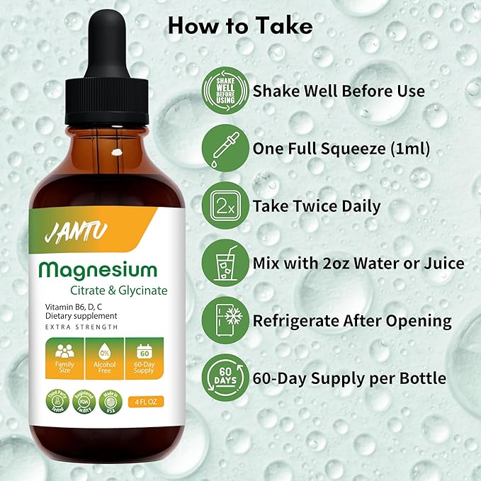 JANTU High‑Absorption Liquid Magnesium Citrate &amp Glycinate with Vitamins B6 D3 C &amp Potassium – Alcohol‑Free Glycerin‑Based Vegan 60‑Day Supply – 4 oz