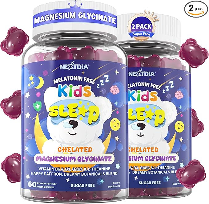 Kids Sleep Gummies NO Melatonin - Triple Magnesium Glycinate + Saffron GABA Berry &amp Nut Superfood Gummies Sugar Free Nighttime Sleep Aid &amp Calm for Kids 4+ Teens Relaxation Brain &amp Mu