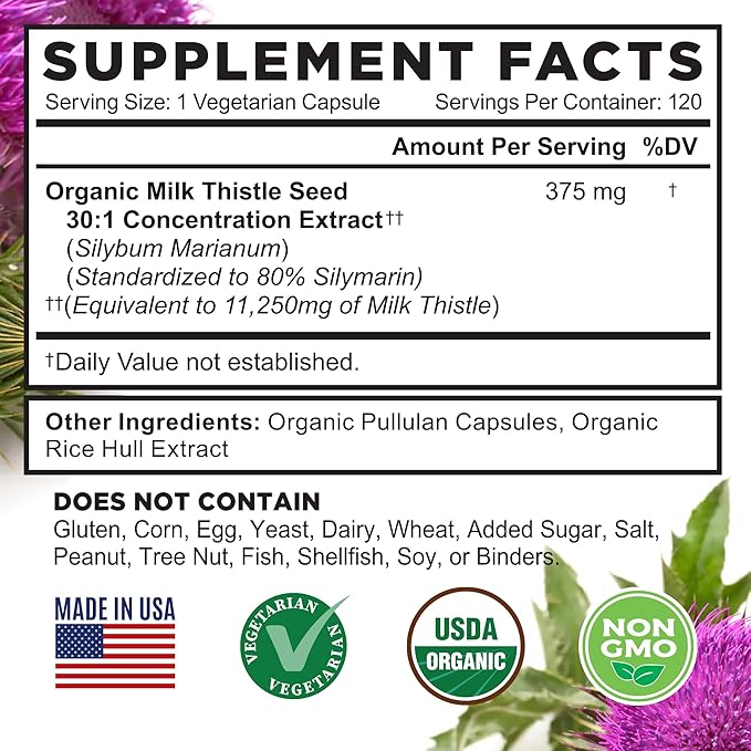 FarmHaven USDA Organic Milk Thistle Capsules |30X Concentrated Seed Extract &amp 80% Silymarin Standardized - Supports Liver Function and Overall Health | Non-GMO | 120 Veggie Capsules