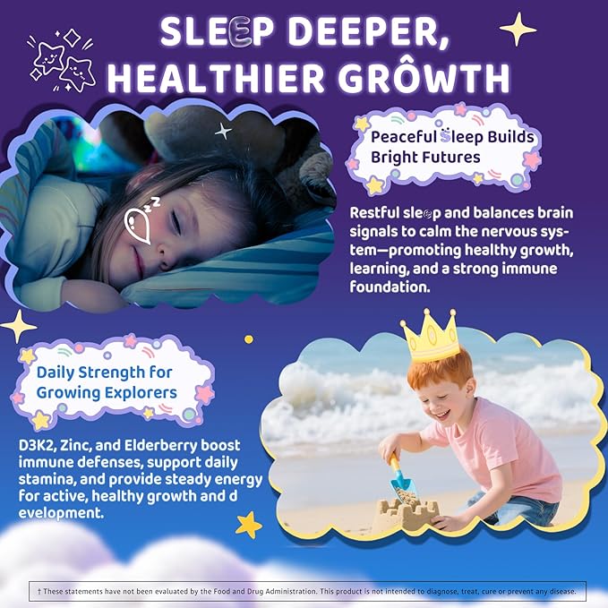 Kids Sleep Gummies NO Melatonin Sleep Aid Gummies w/ Magnesium Glycinate Magnesium Malate L-Theanine Lavender B6 Zinc D3K2 for Restful Sleep Relax Brain &amp Muscle Immune Support Non-GMO 2