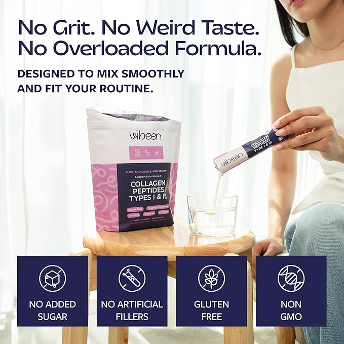 Hydrolyzed Collagen Peptides Powder Packets with Biotin &amp Vitamin C 11g Collagen Per Serving Stick Grass-Fed Bovine Type 1 and 3 Per Serving (Unflavored) (20 Servings)