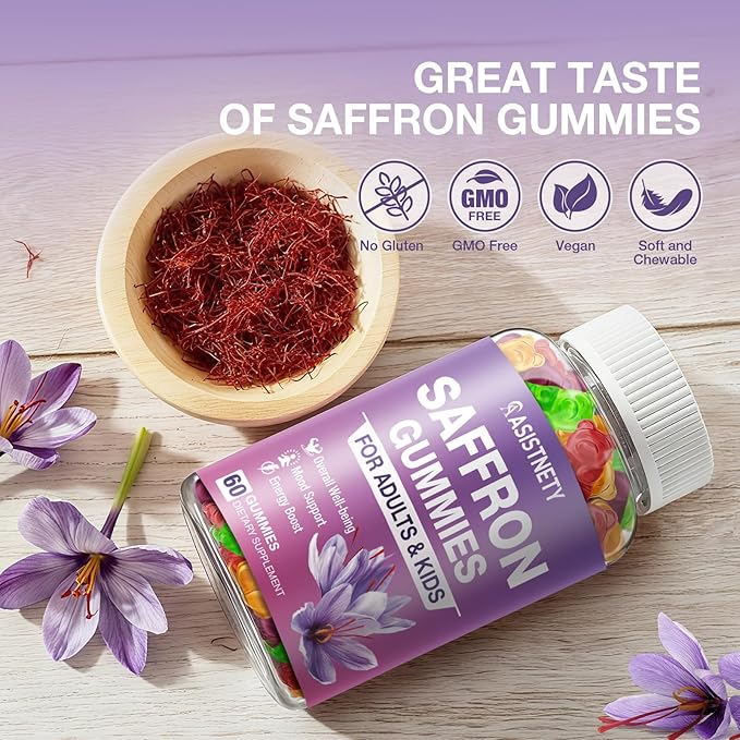 Saffron Gummies for Kids &amp Adults 88.5mg Saffron Extract Cαlm Focus &amp Mood Support Saffron Supplement with L-Theanine St.John's Wort Lemon Balm Magnesium Gentle Nerve &amp Rest Support