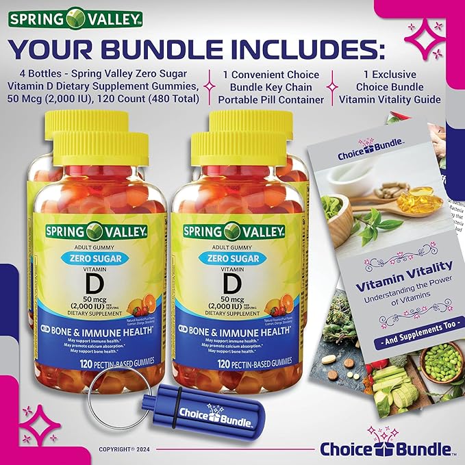 Choice Bundle Spring Valley Zero Sugar Vitamin D 50 mcg Gummies 120 Ct 4 pk (480 Total) Plus Vitamin Guide &amp Pill Container (6 Items)!