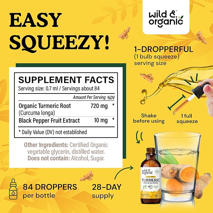 Wild &amp Organic Turmeric Curcumin Supplement with Black Pepper - Movement &amp Immune Support - Liquid Turmeric Curcumin with Black Pepper - Add to Tea Drops - Vegan Sugar &amp Alcohol-Free Tinc