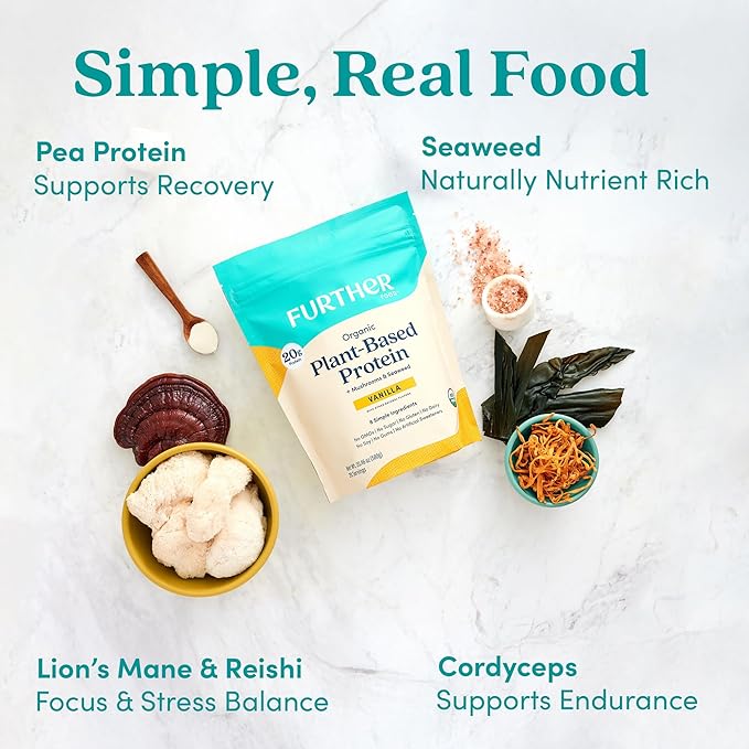 Further Food Organic Vegan Protein Powder Vanilla – 20g Pea Protein with Mushrooms &amp Seaweed Non-GMO Gluten Free Sugar Free 20.46 Oz