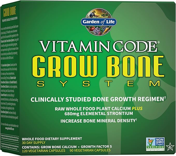 Garden of Life Calcium Supplement - Vitamin Code Grow Bone Made with Whole Foods Strontium Magnesium K2 MK7 Vitamin D3 &amp C Plus Probiotics for Gut Health 30 Day Supply