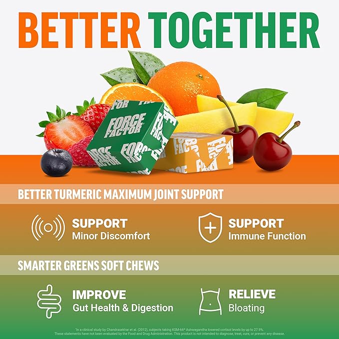 Force Factor Better Turmeric Maximum Joint Support 1075mg Curcumin + Smarter Greens Superfood Greens and Superfoods 120 Soft Chews