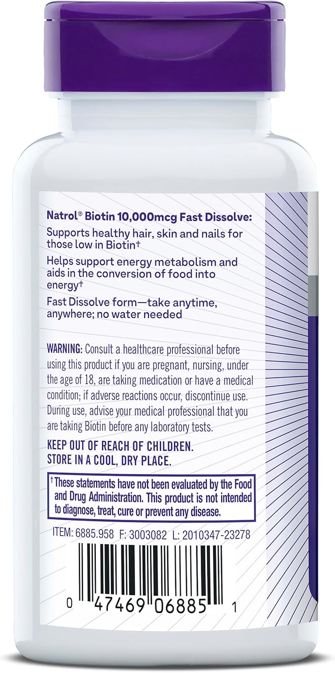 Natrol Beauty Biotin 10000mcg Dietary Supplement for Healthy Hair Skin Nails and Energy Metabolism 60 Strawberry-Flavored Fast Dissolve Tablets 60 Day Supply (Pack of 12)