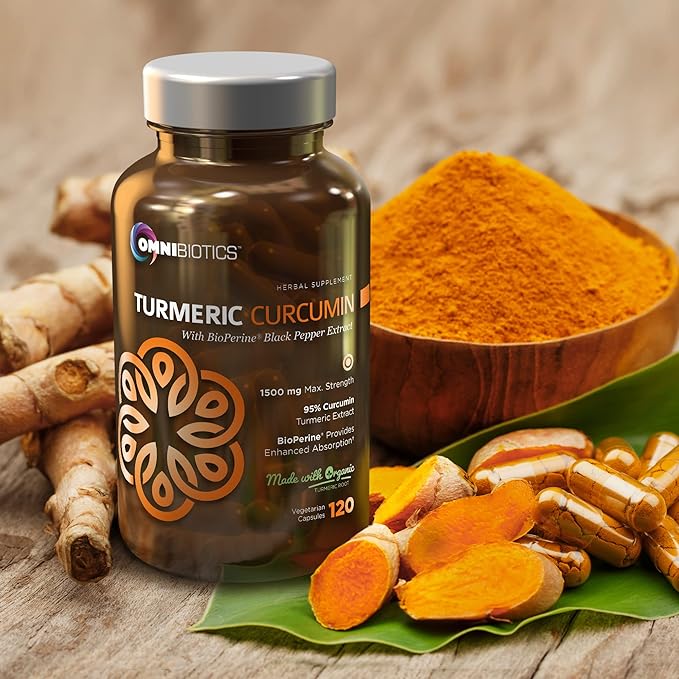 OmniBiotics Organic Turmeric Curcumin Supplement with Black Pepper Extract – 1500mg Turmeric with 95% Curcuminoids &amp BioPerine High Absorption for Joint Support – 120 Vegan Capsules