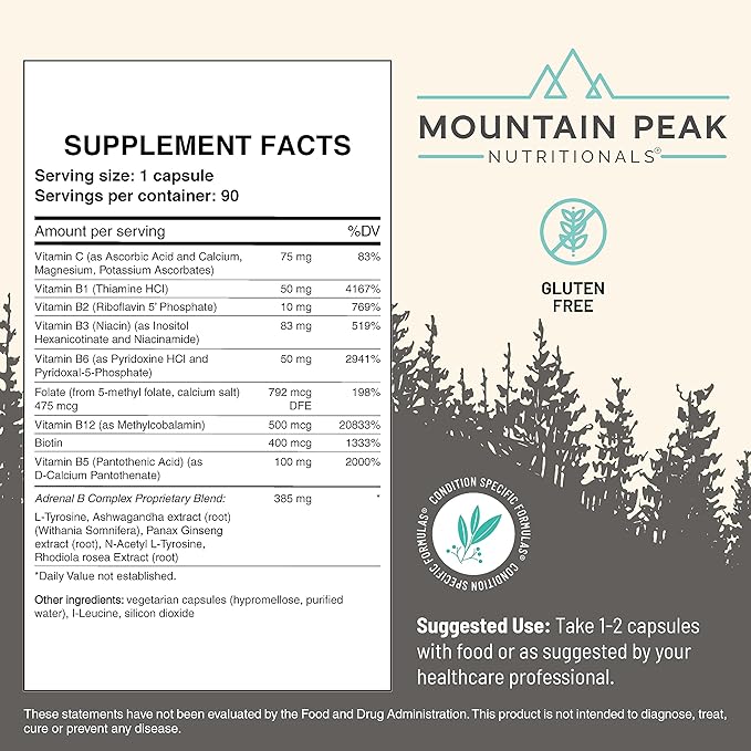 Mountain Peak Adrenal B Complex - Cortisol Support w/Ashwagandha Vitamin B6 B12 &amp C - Helps Support Stress Levels - Encodcrine &amp Nervous System Support Supplement (90 Vegetarian Capsules)