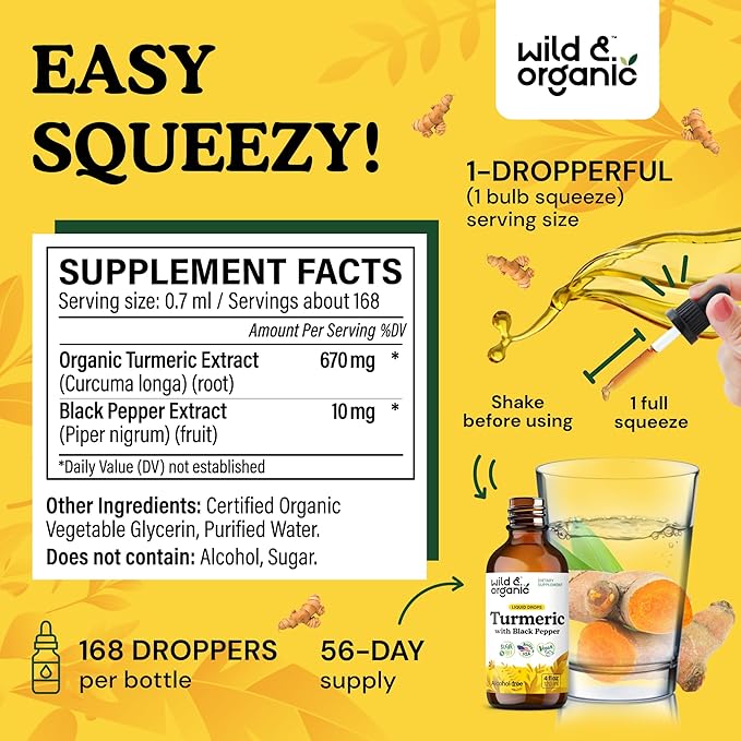 Wild &amp Organic Turmeric Supplement Liquid Drops - Movement &amp Immune Support - Liquid Turmeric with Black Pepper Extract - Add to Tea Tincture - Curcumin Supplements - Sugar &amp Alcohol-Free