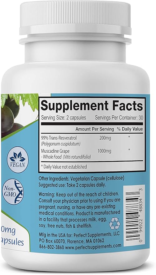 Perfect Supplements – Perfect ResGrape Resveratrol – 60 Capsules – Trans-Resveratrol &amp Organic Muscadine Grapes - 2 Pack