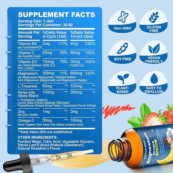 Magnesium Glycinate Liquid Drops for Kids Vitamin D3 K2 Drops for Kids