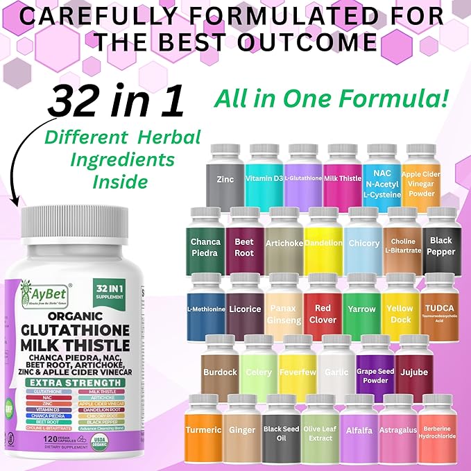 Glutathione NAC Milk Thistle Supplement | Liver Health Support | 32-in-1 Herbal Antioxidant Formula with Chanca Piedra Turmeric Dandelion Root Beet Root &amp Zinc | Halal Vegan Organic Daily Welln