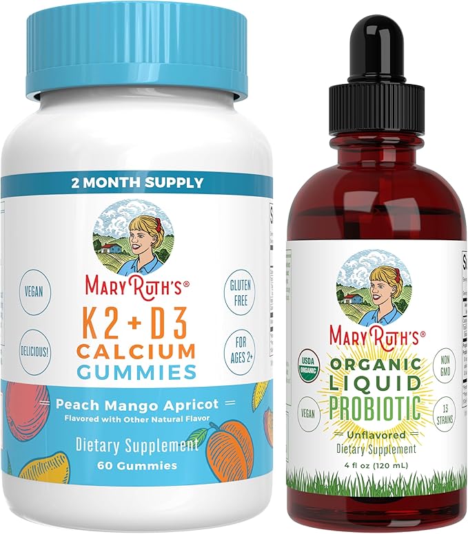 MaryRuth's Vitamin K2+D3 Gummies (Peach Mango &amp Apricot) &amp USDA Organic Probiotic Drops | Clean Label Project Verified® | Vitamins for Joint Support &amp Overall Health | Vegan Non-GMO Glu